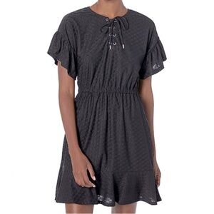 Michael Kors Black Lace-Up Eyes Mini Dress ruffle Flutter sleeve large L Eyelet